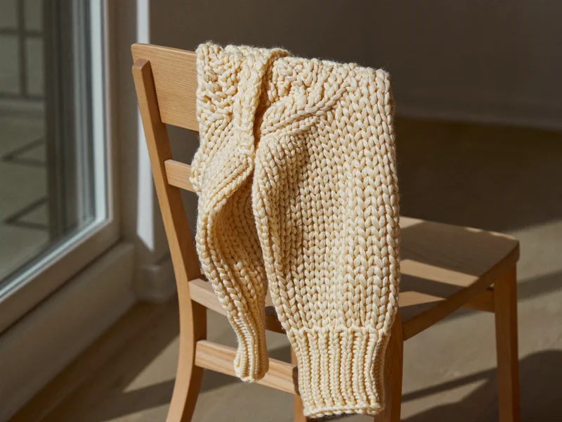 Illustration: haferfarbener Strickpullover über einem Holzstuhl am Fenster